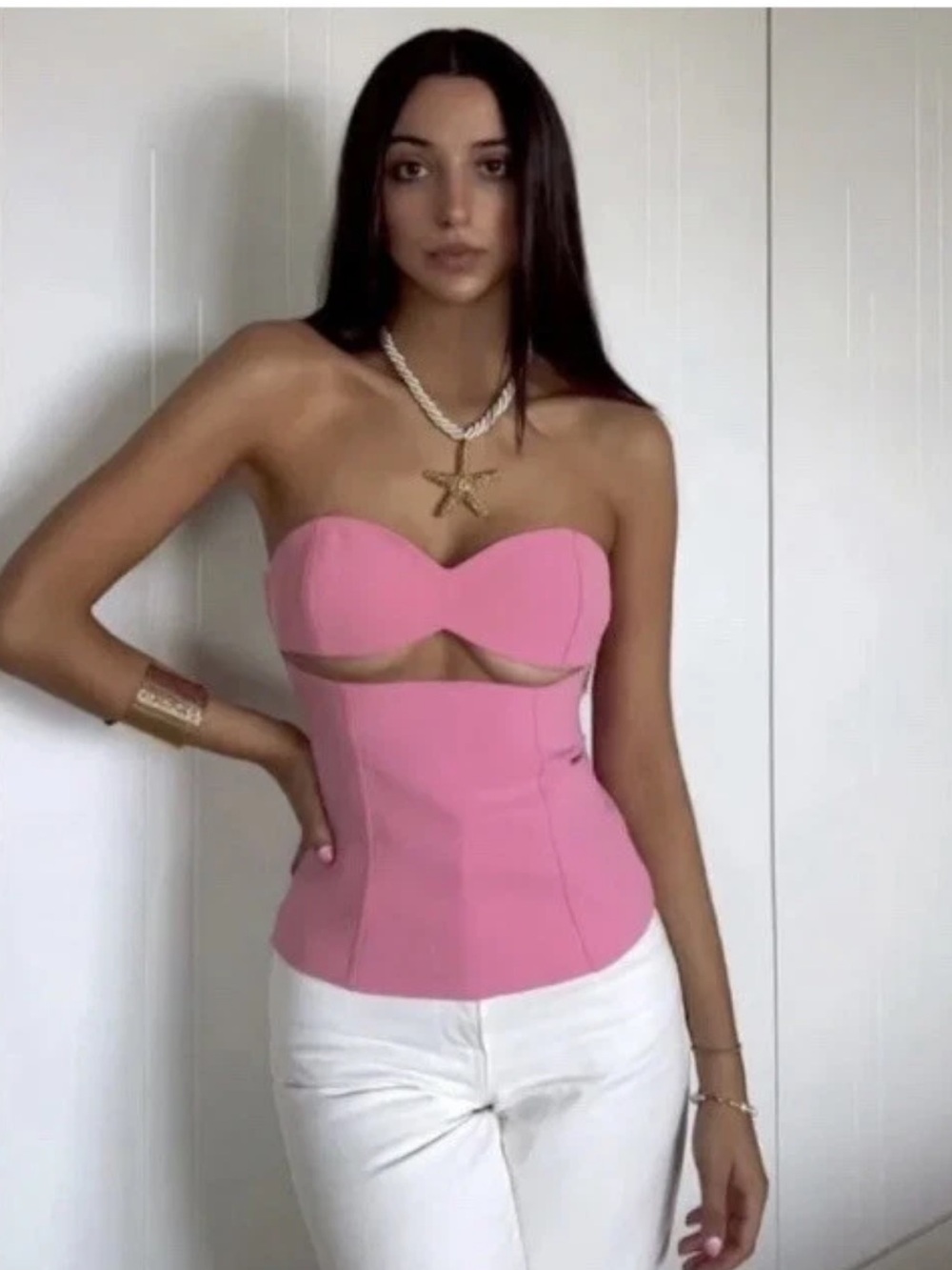 ZARA Womens Pink Polyester Cropped Blouse Sweetheart Cut Out Strapless SZ Small